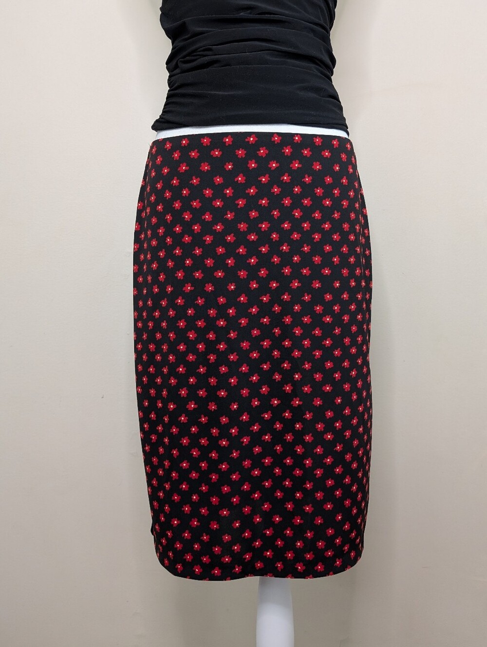DKNY Black Pencil Skirt with Red Floral Dot Print